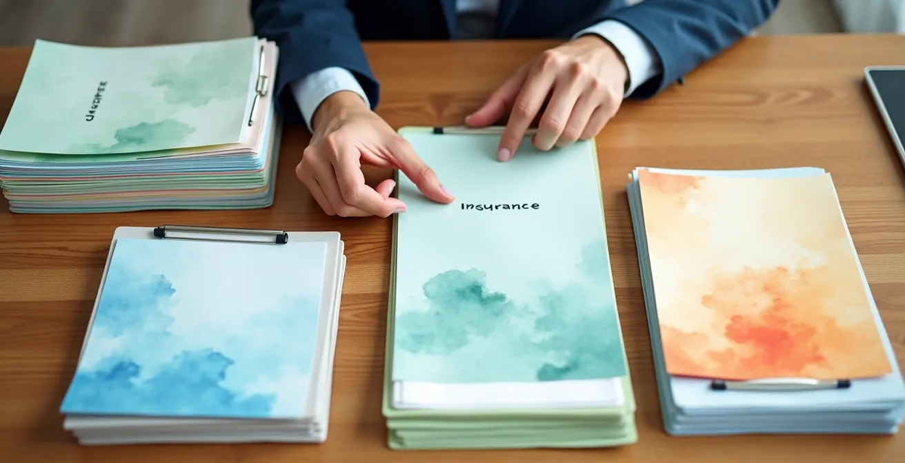 Vista cenital de una mesa de oficina con diferentes documentos de seguros organizados en categorías distintas