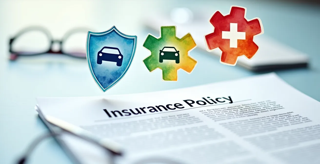 Composición artística de una póliza de seguro con iconos coloridos representando diferentes tipos de cobertura