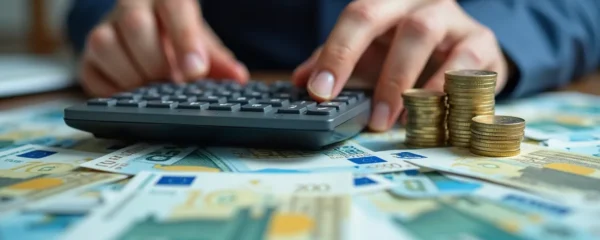 Primer plano de unas manos calculando en una calculadora con monedas y billetes dispersos alrededor