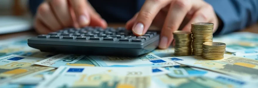 Primer plano de unas manos calculando en una calculadora con monedas y billetes dispersos alrededor