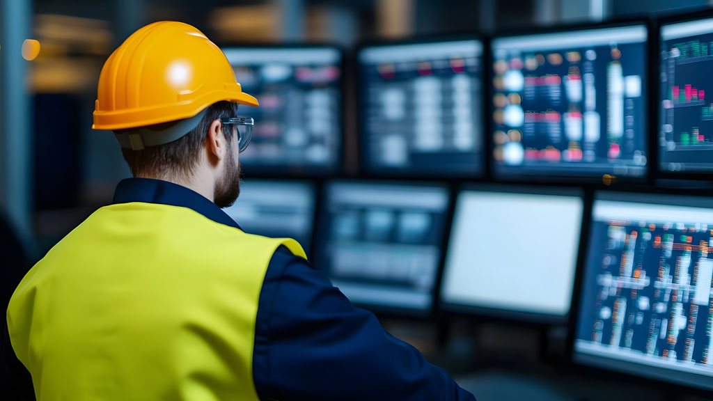 Trabajadores de construcción consultando dispositivo con cielo tormentoso de fondo