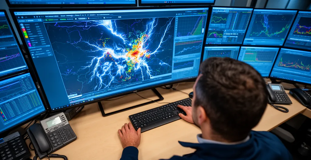 Técnico de meteorología observando pantalla con mapa de actividad de rayos en tiempo real