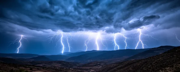 Tormenta eléctrica con rayos iluminando cielo nocturno sobre montañas españolas