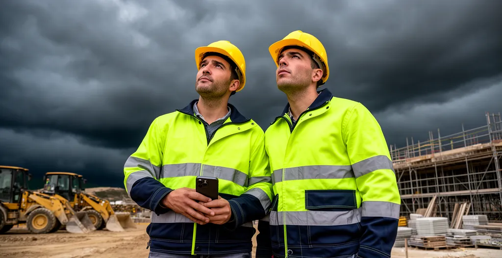 Trabajadores de construcción consultando dispositivo con cielo tormentoso de fondo