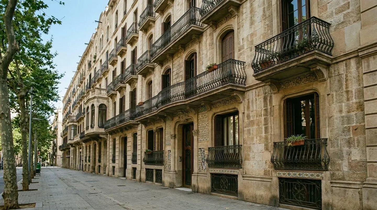 Fachada de un edificio modernista del Eixample de Barcelona con balcones de hierro forjado, vista desde la acera, cielo azul mediterráneo