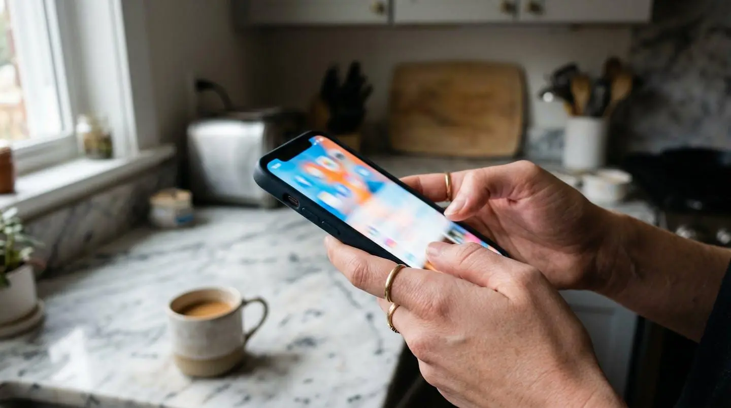 Detalle de manos sosteniendo un smartphone con la pantalla borrosa mostrando colores de interfaz, fondo de cocina moderna con encimera de mármol