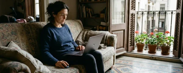 Mujer de unos 45 años sentada en el sofá de un salón con suelos hidráulicos típicos de Barcelona, mirando concentrada la pantalla de su portátil, luz natural entrando por el balcón con persianas