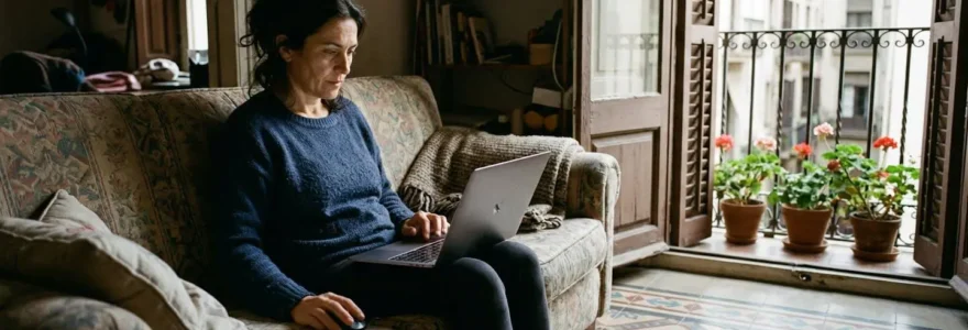Mujer de unos 45 años sentada en el sofá de un salón con suelos hidráulicos típicos de Barcelona, mirando concentrada la pantalla de su portátil, luz natural entrando por el balcón con persianas