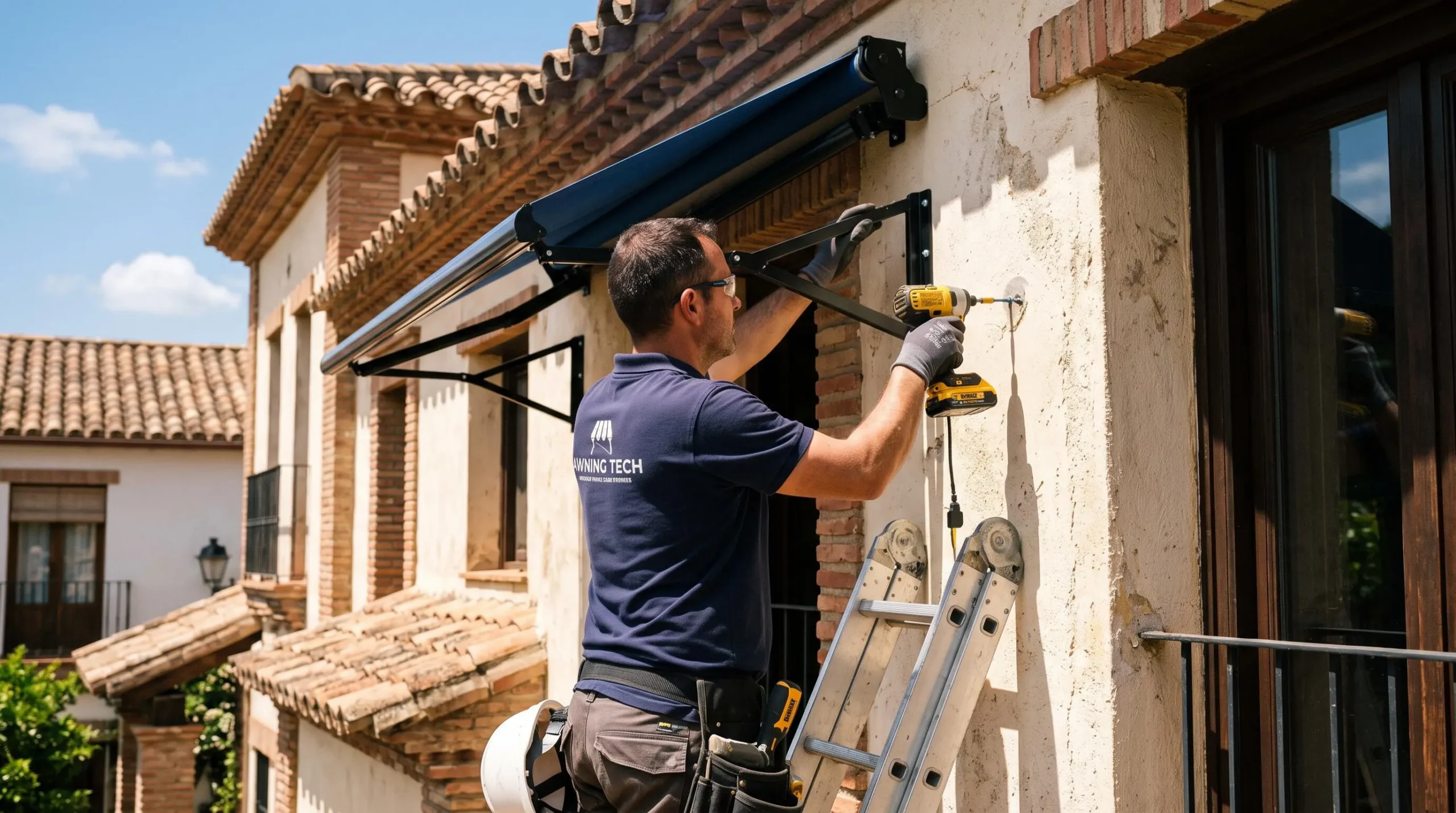 Instalador fijando el soporte de un toldo a la fachada con un taladro.