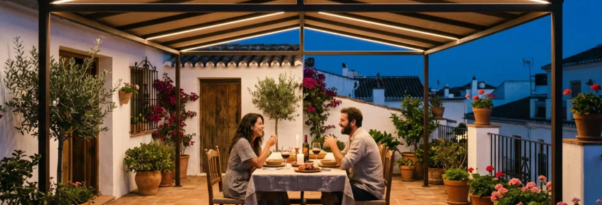 Pareja cenando bajo un toldo de doble inclinación con luz LED al anochecer.